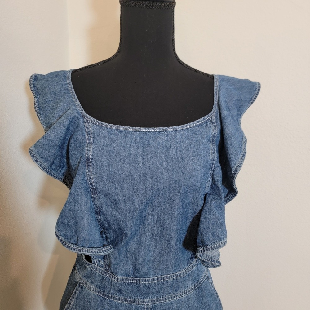 Blue Denim Ruffle Lace Up Back Cut Out Romper Small Wash Boho Festival - Picture 6 of 15